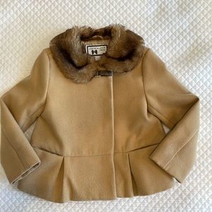 Tan Janie and Jack coat with fur collar and leather detailing. Size 3-4.